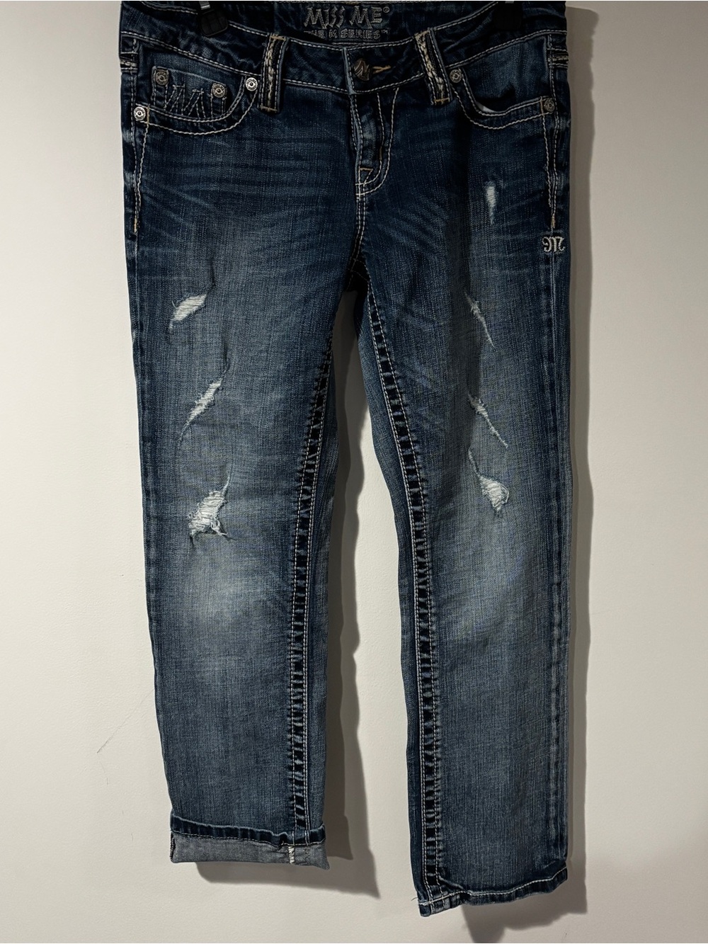 Miss Me The M Series Blue Medium Wash Distressed Capri Jeans Embroidered